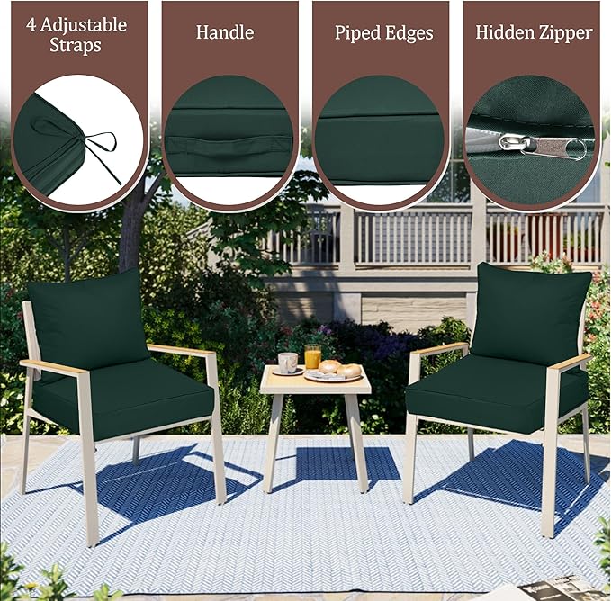 Outdoor Deep Seat Cushions for Patio Furniture Set of 2, Waterproof Outdoor Chair Cushions 22 x 22 x 4'' Patio Furniture Cushion with Fade Resistant Removable Cover, Handle & Straps, Dark Green