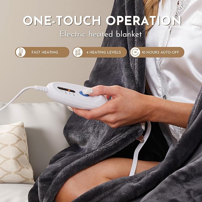 Electric Blanket Heated 72"x84" Full Size Flannel Heated Blanket with 4 Heating Levels & 10 Hours Auto Off, Machine Washable - Dark Grey