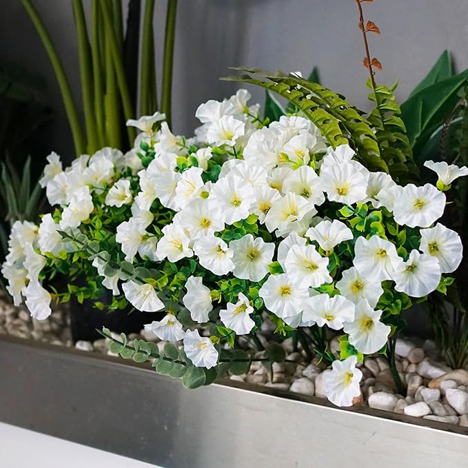 26PCS White Faux Flowers for Outdoor Planters Artificial Flowers for Outdoors Morning Glory Fake Outdoor Flowers UV Resistant for Porch Terrace Yard
