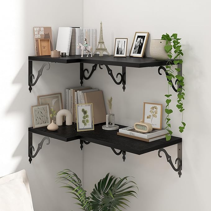 16 Inch Floating Shelves for Wall, 12 Inch Deep Floating Shelf with Bracket, Wall Shelves 16 Inches Long, Wide Display & Storage Shelves for Living Room, Bathroom, Bedroom, Black, Set of 2
