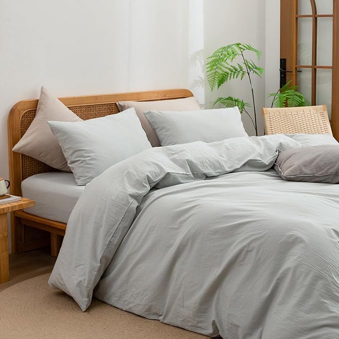 BESTOUCH Duvet Cover Set 100% Washed Cotton Linen Feel Super Soft Comfortable Chic Lightweight 3 PCs Home Bedding Set Solid Northern Droplet Grey Super King