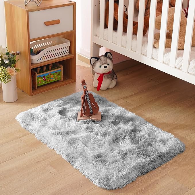 Small Bedside Rug, 2x3 Non Slip Fluffy Shaggy Entryway Throw Rugs for Bedroom Living Room, Indoor Floor Carpet for Kids Girls and Boys, Nursery Rooms Mat, Home Decor Aesthetic, Tie Dyed Grey