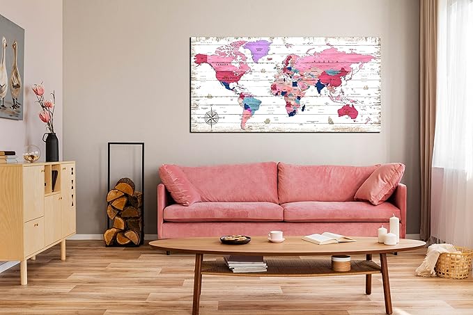 ZHAOSHOP Large World Map Canvas Wall-Art - Wall Decor for Girls Bedroom - Pink Pictures Wall Decor Ready to Hang Size 59" x 29"