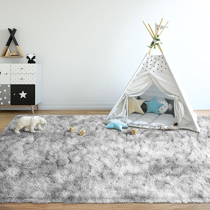 Area Rugs for Bedroom Living Room, 4x6 Soft Large Fluffy Fuzzy Shag Plush Furry Carpet, Soft Indoor Floor Mat for Kids Nursery Home Dorm Office Decor Aesthetic, Tie Dyed Grey