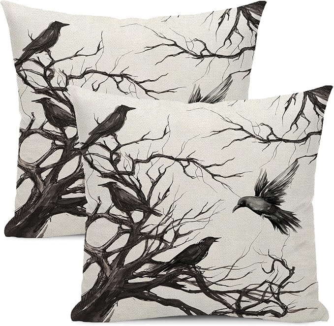 Halloween Pillow Covers 20x20 Inch Set of 2 Black Crows Branch Decorative Farmhouse Throw Pillow Covers Halloween Decor Linen Cushion Case for Couch Home Sofa Outdoor Decorations