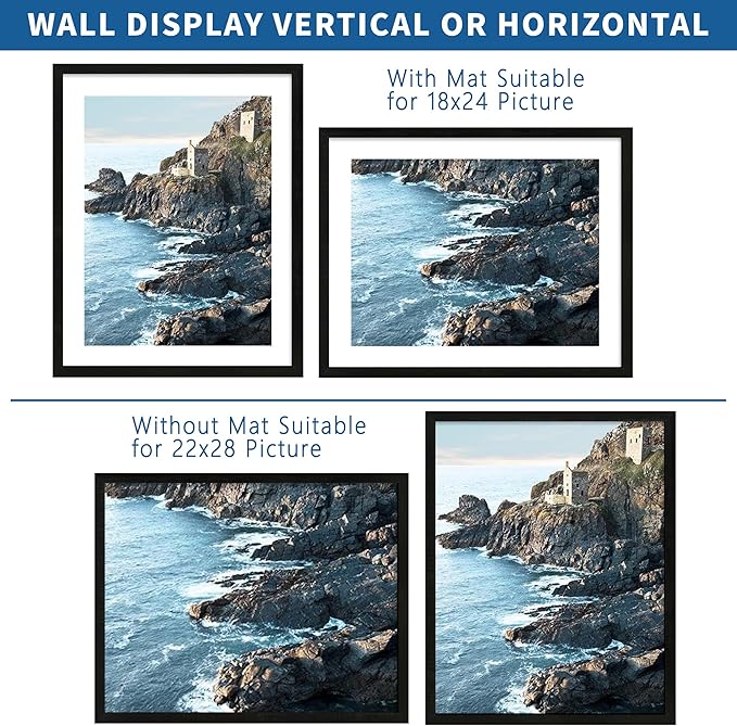 22x28 Frame Set of 2, Rustic Black Wood Style - Display 18x24 Picture Frame with Mat or 22 x 28 Poster Frame without Mat, Wall Mounting Horizontal and Vertical