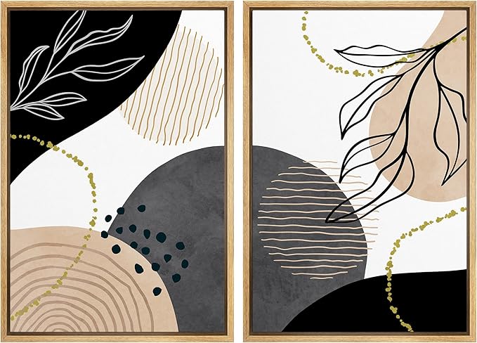 SIGNFORD Framed Canvas Print Wall Art Set Mid-Century Nordic Geometric Ring Plants Abstract Shapes Illustrations Modern Art Decorative Bohemian for Living Room, Bedroom, Office - 24"x36"x2 Natural
