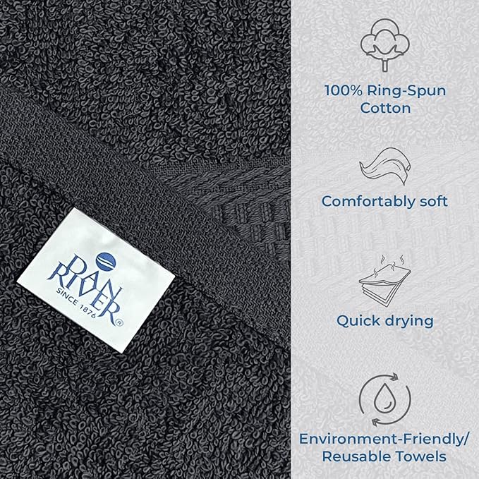 DAN RIVER 100% Ring Spun Cotton 3-Piece Towel Set, Charcoal, Bath Towel, Hand Towel and Washcloths, 550 GSM - Soft, Absorbent Quick Dry Cotton Towels for Bathroom, Spa, and Gym
