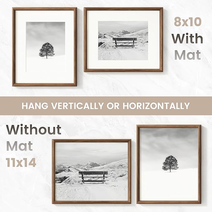 11x14 Picture Frame with 8x10 Mat, USA-Sourced Natural Walnut Wood Photo Collage Frame with HD Tempered Glass, Double Mortise and Tenon Strips, Wall Display Horizontally and Vertically, 3 Pack