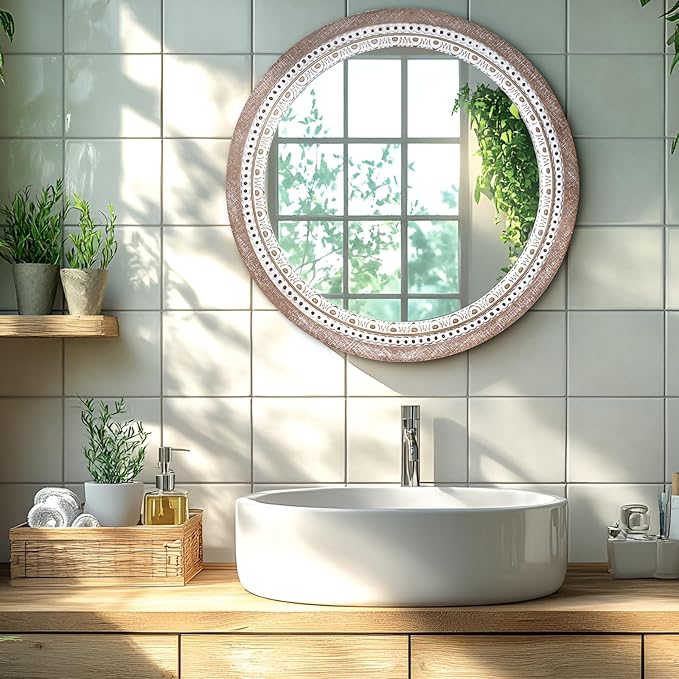 24 Inch Wooden Round Mirror for Wall Decor, Farmhouse Rustic Decorative Circle Mirrors with Beaded Frame, for Bedroom, Bathroom, Living Room, Entryway