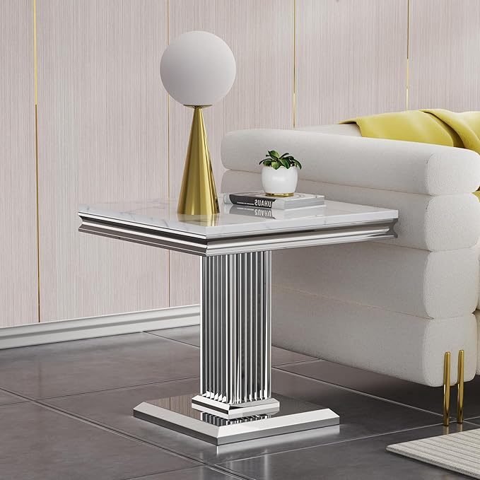 SSLine Modern White Faux Marble End Table Luxury Square Sofa Side Table with Silver Pedestal Base Mid-Century Elegant Bedside Table w/Mirrored Stainless Steel Frame for Living Room Bedroom