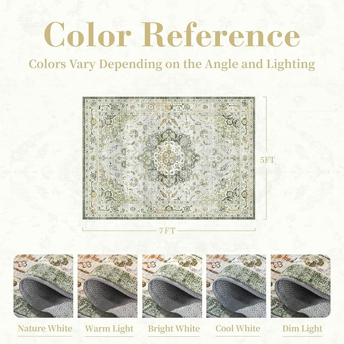 PADOOR-Vintage Area Rug 5X7 Rugs for Living Room-Soft Green Rugs for Bedroom-Machine Washable Rugs Non Slip Carpet-Rug for Dining Room Living Room Bedside Office
