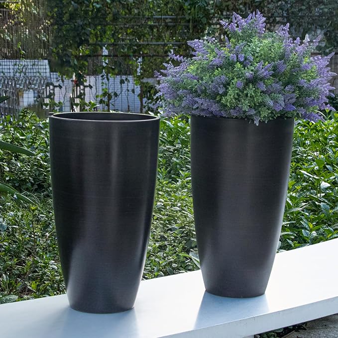 ZMTECH 21 Inch Tall Outdoor Planters Set of 2 Round Tall Plant Pots for Outdoor/Indoor with Shelf Inset, Dark Brown Glossy Smooth Finish - Large Plastic Pots with Drainage Holes for Front Porch Patio