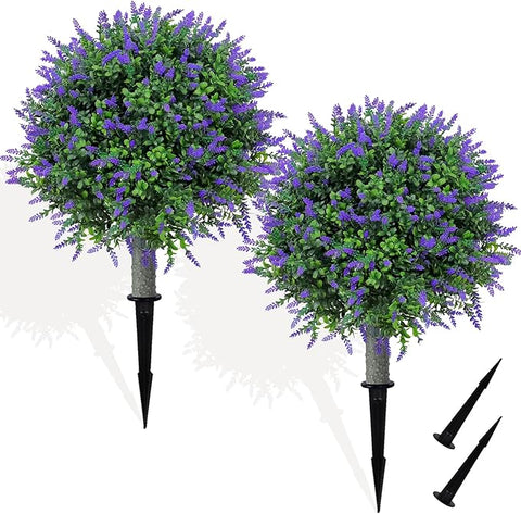 Artificial Lavender Topiary Realistic Faux Shrubs, UV Resistant Fake Plants Trees for Outdoor Front Porch Yard Landscaping Decor-2 Pack