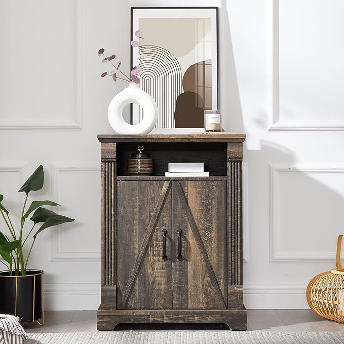 Farmhouse Bathroom Floor Cabinet, Freestanding Storage with Double Doors and Adjustable Shelves, Wooden Small Cabinet for Living Room, Bathroom, Dark Rustic Oak