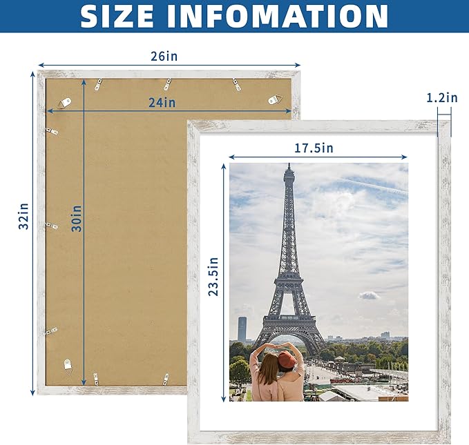 24x30 Frame Set of 2, Distressed White Wood Style - Display 18x24 Picture Frame with Mat or 24 x 30 Poster without Mat, Wall Mounting Horizontal and Vertical