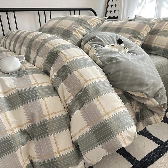 VM VOUGEMARKET Green Plaid Duvet Cover Sets Queen,3 Pieces Gingham Comforter Cover with Zipper Closure & Corner Ties for Men Boys Simple Modern Bedding Set (90"x90")