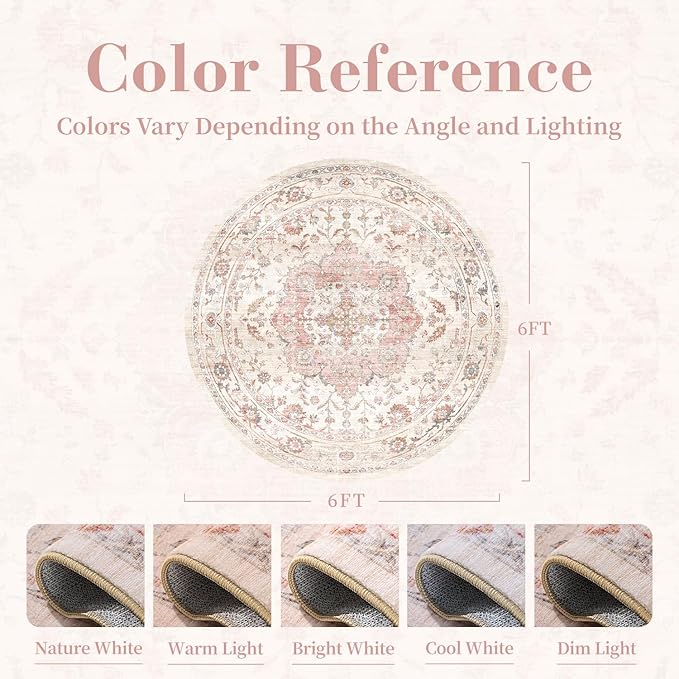 PADOOR-Vintage 6FT Round Rug-Rugs for Living Room-Soft Pink Circle Rug-Machine Washable Rugs for Bedroom-Non Slip Carpet-Rug for Dining Room Living Room Bedside Office