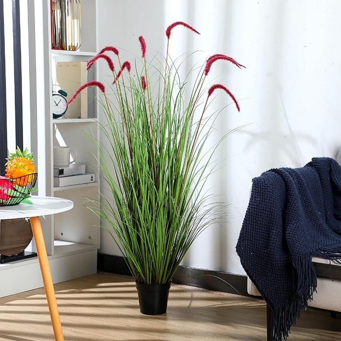Jexine 2 Pieces Faux Plants Outdoor 4 ft Tall Artificial Grass Plant Potted Artificial Setaria Grass Faux Greenery Floor Plants for Housewarming Gift House Garden Bathroom Lobby Outdoor(Purple)