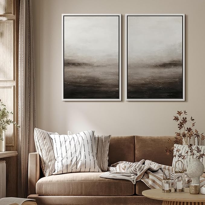 MUDECOR Framed Canvas Print Wall Art Neutral Abstract Modern Minimalist Landscape in Beige and Gray Illustrations Modern Art Decorative Bohemian for Living Room, Bedroom, Office - 24"x36"x2 White