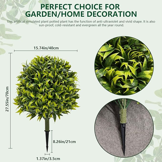 Fake Shrubs Outdoors UV Resistant Faux Plants Topiary Trees Set of 2-27.5'' Artificial Bushes Boxwood Balls Greenery with Ground Spikes for Front Porch, Fake Evergreen Plants Outdoor Decor