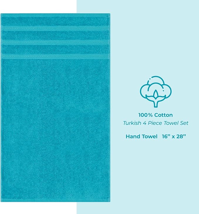 American Soft Linen Luxury Hand Towels for Bathroom, 600 GSM 100% Cotton Turkish 4 Piece Hand Towel Set, 600 GSM Hand Face Towels for Kitchen, Aqua Blue Hand Towels