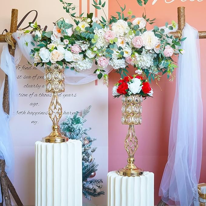 2pcs Gold Flower Trumpet Vases for Wedding Centerpieces for Tables, 20in Metal Diamond Crystal Flower Stand for Wedding Decorations for Reception Party Dining Room Living Room Decor