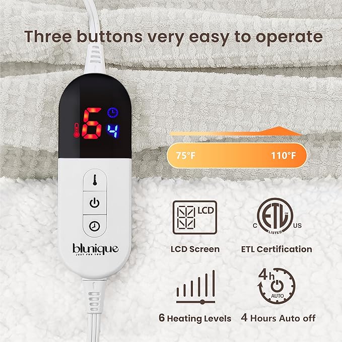 Heated Blanket Electric Throw Waffle, 50x60 Inches Sherpa Fleece Fast Heating Blanket 6 Heating Levels & 4 Hours Auto Off ETL Certification,Beige Throw