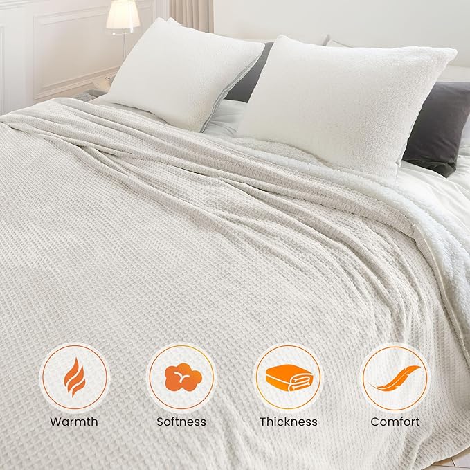 Electric Blanket King Waffle, 90x100 Inches, Dual Controllers, Sherpa Fleece, 6 Heating Levels, 10 Hours Auto Off, ETL Certified, Beige King