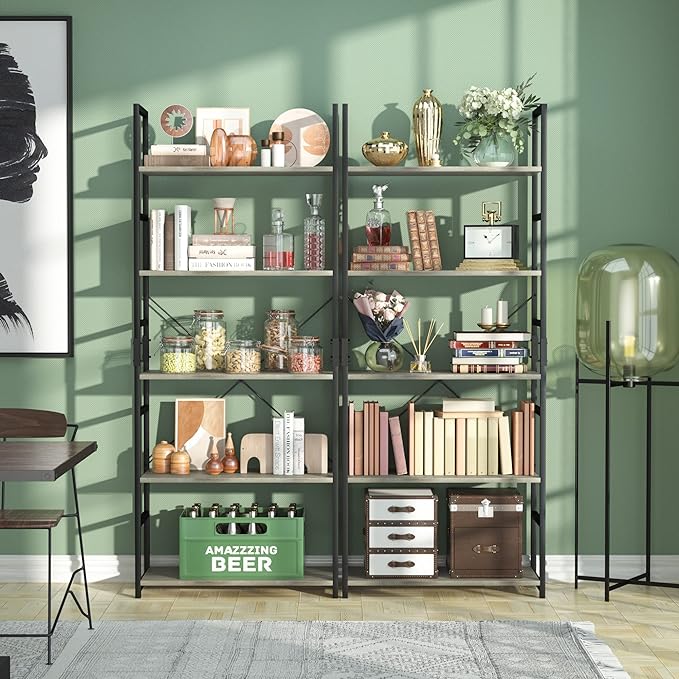 NUMENN 5 Tier Bookshelf, Tall Bookcase Shelf Storage Organizer, Modern Book Shelf for Bedroom, Living Room and Home Office, Grey