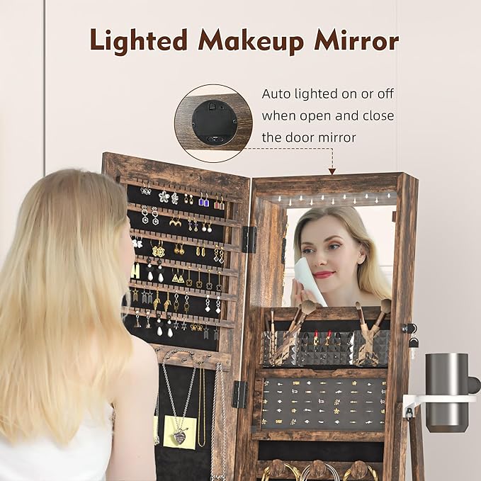 Mirror Jewelry Cabinet Standing, 360° Swivel Jewelry Armoire with 6 LED Lights, Rotatable Mirror Jewelry Organizer, Rustic Brown