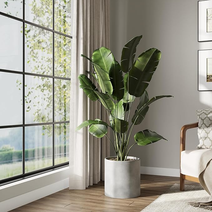DTY Signature Mount Powell Fiberstone Planter - 14 Inch Large Gray Cylindrical Mid-Century Modern Home Decor Indoor & Outdoor Plant Pot - Durable Planters for Indoor Plants, Outdoor Spaces