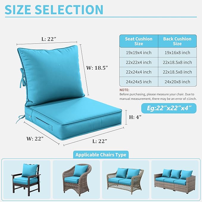 Premium Outdoor Seat Cushion Chair Cushions for Patio Furniture 22 L X 22 W X 4 H Waterproof & Fade Resistant Deep Seat and Backrest Cushion Set with Removable Covers for Chair, Sofa