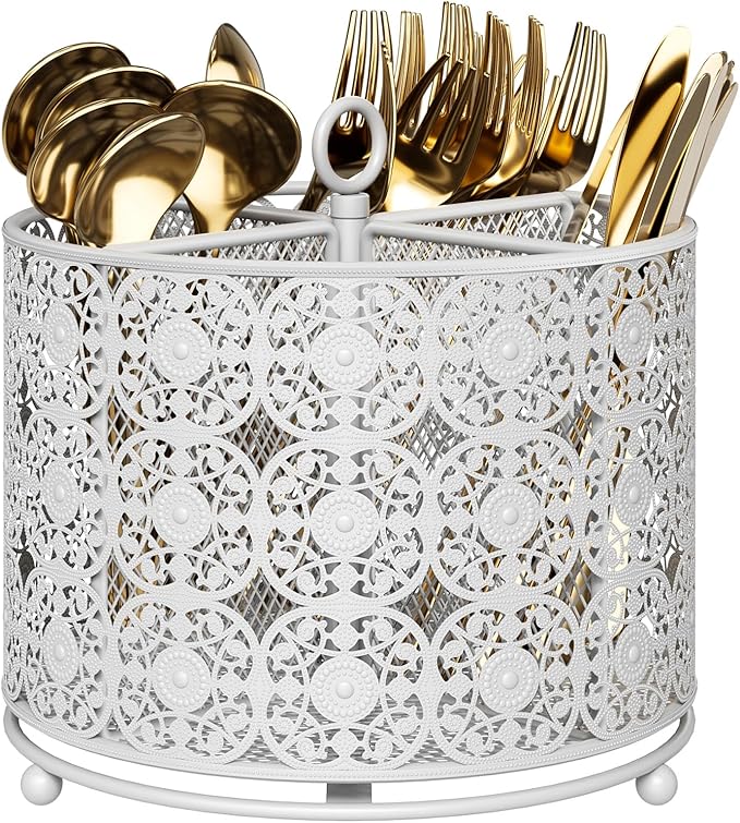 Rotating Utensil Caddy Holder - Higher Raised Cutlery Caddy Countertop - Metal Silverware Caddy Organizer with 4 Compartment for Kitchen Counter Party Office white