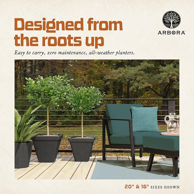 ARBORA 20" Mykonos Square Polyresin Indoor and Outdoor Planter with Classic Black Finish - Durable, Weatherproof, Lightweight, Large Plant Pot for Patio, Garden, Deck, Entryway