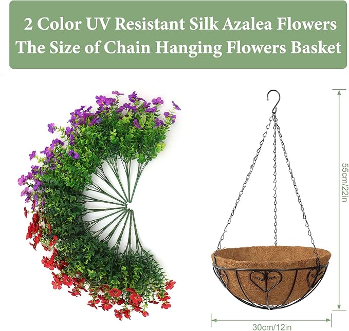 Alynsehom 2 Set Artificial Flowers with Hanging Basket, 2 Outdoor Hanging Plants with 24pcs Faux UV Resistant Fake Silk Azalea in Baskets for Porch Garden Patio Balcony Yard Home Decor (Purple Red)