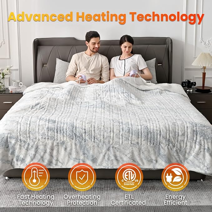 WOOMER Heated Blanket Queen Size Electric Blanket 84"x 90", Faux Fur Fast Heating, 10 Heating Levels & 0.5-12H Auto Off, Dual Control, Over-Heat Protection, ETL Certification