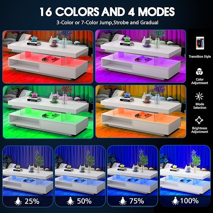 LED Coffee Table with Storage, High Glossy LED Coffee Tables for Living Room, Center Table with Open Display Shelf & Sliding Drawers, (White)