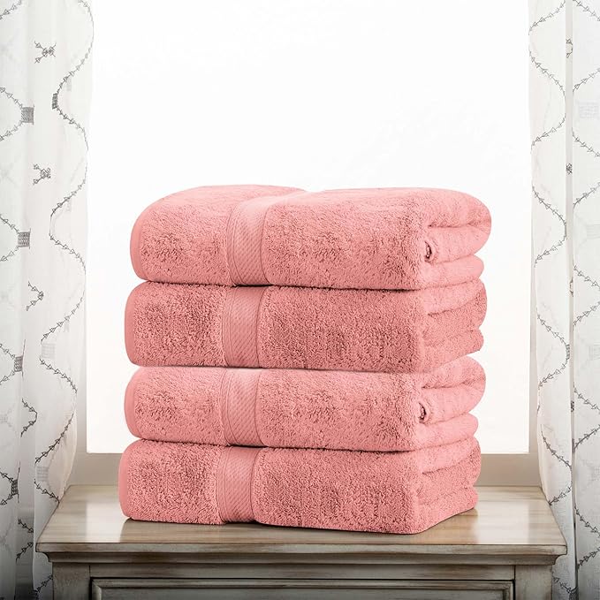 BNM Egyptian Cotton Heavyweight Towels, Ideal For Bathroom, Shower, Spa, 800 GSM Bath Towels, Highly-Absorbent, Luxury Bathroom Essentials, Soft Plush Home Basics, Bath Towel Set of 4, Tea Rose Pink
