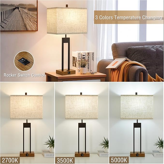 25.5'' Set of 2 Modern Bedroom Table Lamps with USB C+A Ports, 3 Color Changeable, Brown Night Stand Lamps for Bedside, Guest Room, Office, Reading