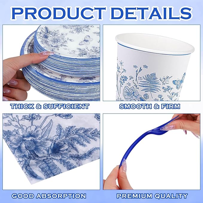 400 Pieces Blue and White Flower Disposable Party Tableware Sets Including Plates Cups Napkins Cutlery Serves 50 for Wedding Birthday Baby Shower Party Decorations