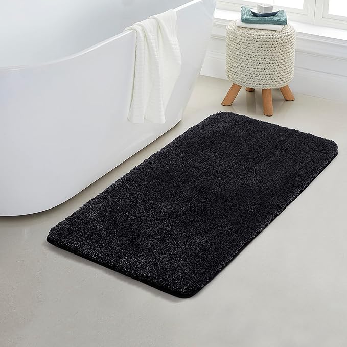 YHF Bathroom Rugs 24" X 47", Extra Thick & Soft Microfiber Shaggy, Machine Washable Bath Mats, Absorbent Bath Rugs, Non-Slip Rubber Backing Bath Mat for Bathroom Floor, Tub and Shower, Black