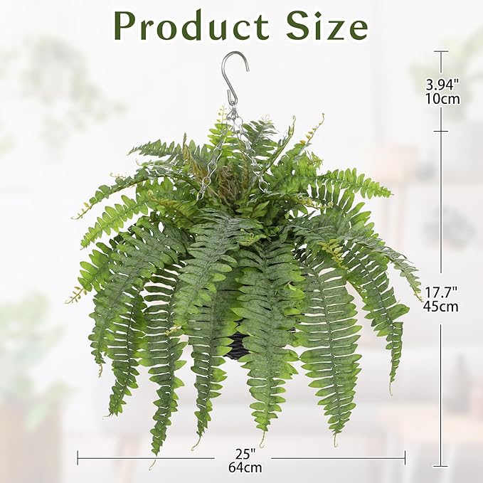 Artificial Fern Hanging Basket Plant 25" Boston Ferns 31 Leaves Greenery Plants with Rattan Pot for Outdoors & Indoor Fake Fern Bush Plant in Pot for Patio Entrance Porch Garden Decor Dusty Green
