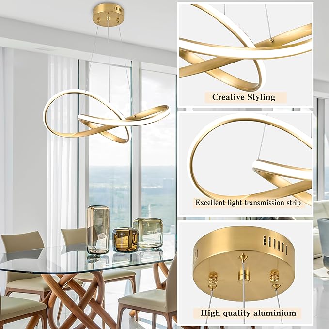 20" Gold Modern led Chandelier for Living Room,Irregular Ring Modern Pendant Lights Kitchen Island,Dimmable Remote Control H79 Adjustable led Pendant Light for Bedroom Dining Room Entryway