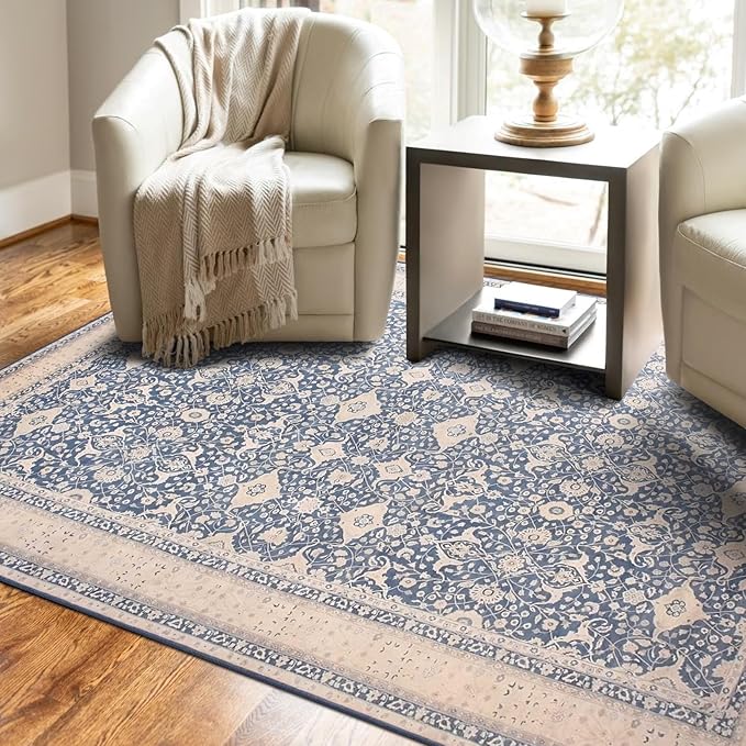 vivorug 4x6 Rug, Small Area Rug for Living Room, Bedroom, Kitchen, Machine Washable Non-Slip Throw Rug, Vintage Floral Carpet for Entryway Nursery Dinner Room - Durable (Blue)