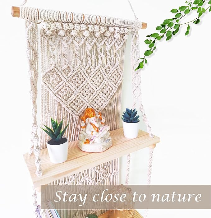 Macrame Wall Hanging Shelf (Tier 2, Natural White)