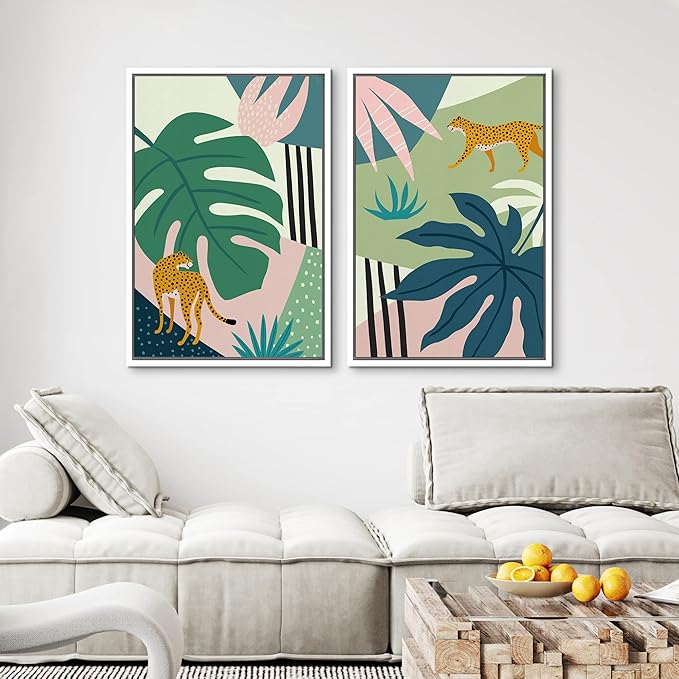 MUDECOR Framed Canvas Print Wall Art Jungle Cheetahs with Tropical Monstera Leaves Abstract Shapes Illustrations Modern Bohemian Nature Colorful for Living Room, Bedroom, Office - 16"x24"x2 White
