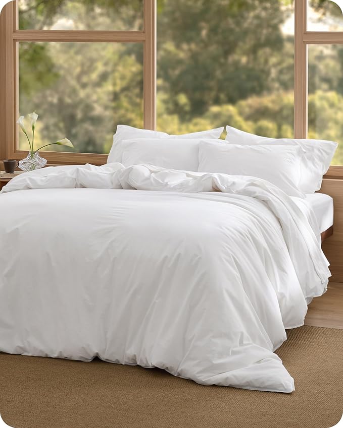 Bedsure Cotton Duvet Cover Full - Luxury Slub Weave 100% Cotton Duvet Cover Set with a Linen Like Textured, Easy Change Durable Bedding Set 3 Pieces, Bright White, 80" x 90"