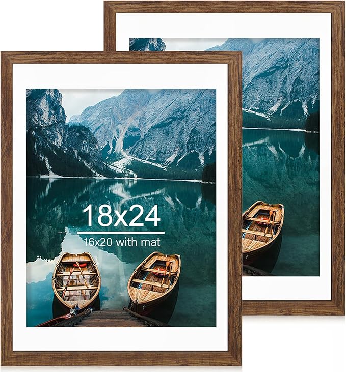 18x24 Frame Set of 2, Rustic Brown Wood Style - Display 18 x 24 Poster without Mat or 16x20 Picture with Mat, Wall Mounting Horizontal and Vertical