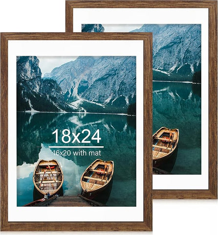 18x24 Frame Set of 2, Rustic Brown Wood Style - Display 18 x 24 Poster without Mat or 16x20 Picture with Mat, Wall Mounting Horizontal and Vertical